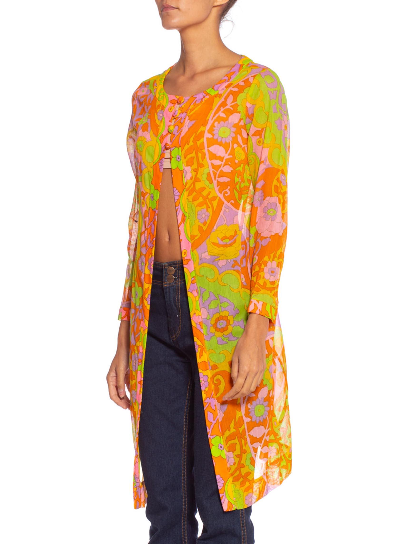 1960S Lime Green & Orange Cotton Voile Mod Psychedelic Floral Tunic Jacket Top 1