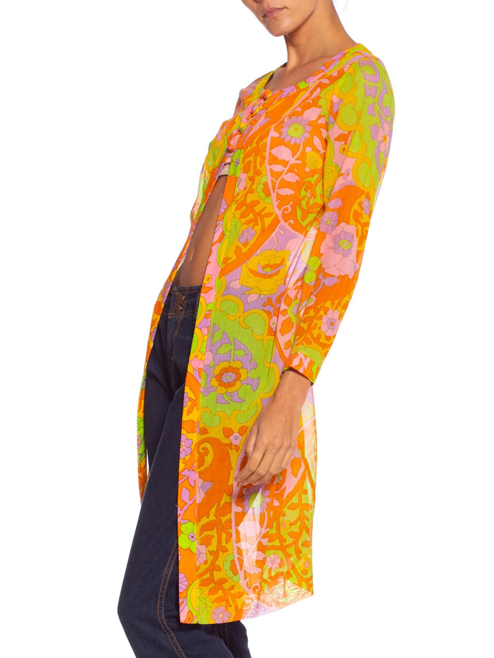1960S Lime Green & Orange Cotton Voile Mod Psychedelic Floral Tunic Jacket Top 2