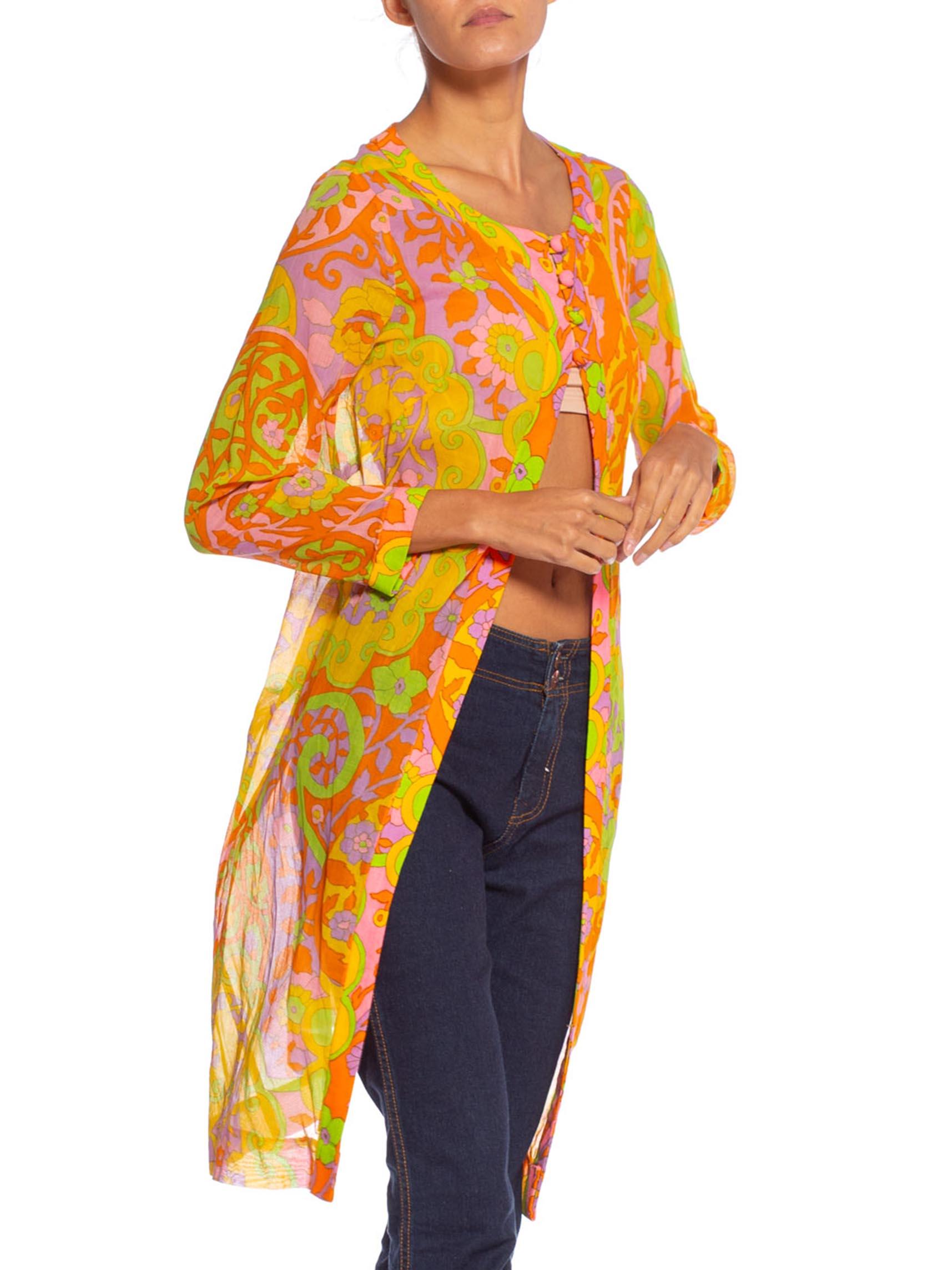 1960S Lime Green & Orange Cotton Voile Mod Psychedelic Floral Tunic Jacket Top 3