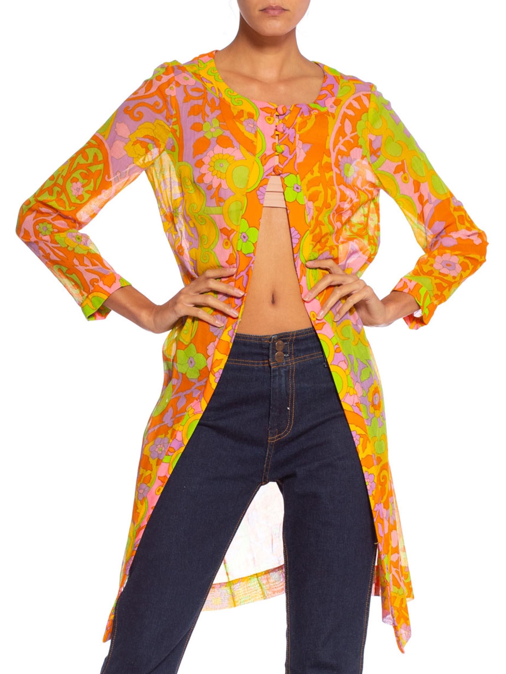 1960S Lime Green & Orange Cotton Voile Mod Psychedelic Floral Tunic Jacket Top 4