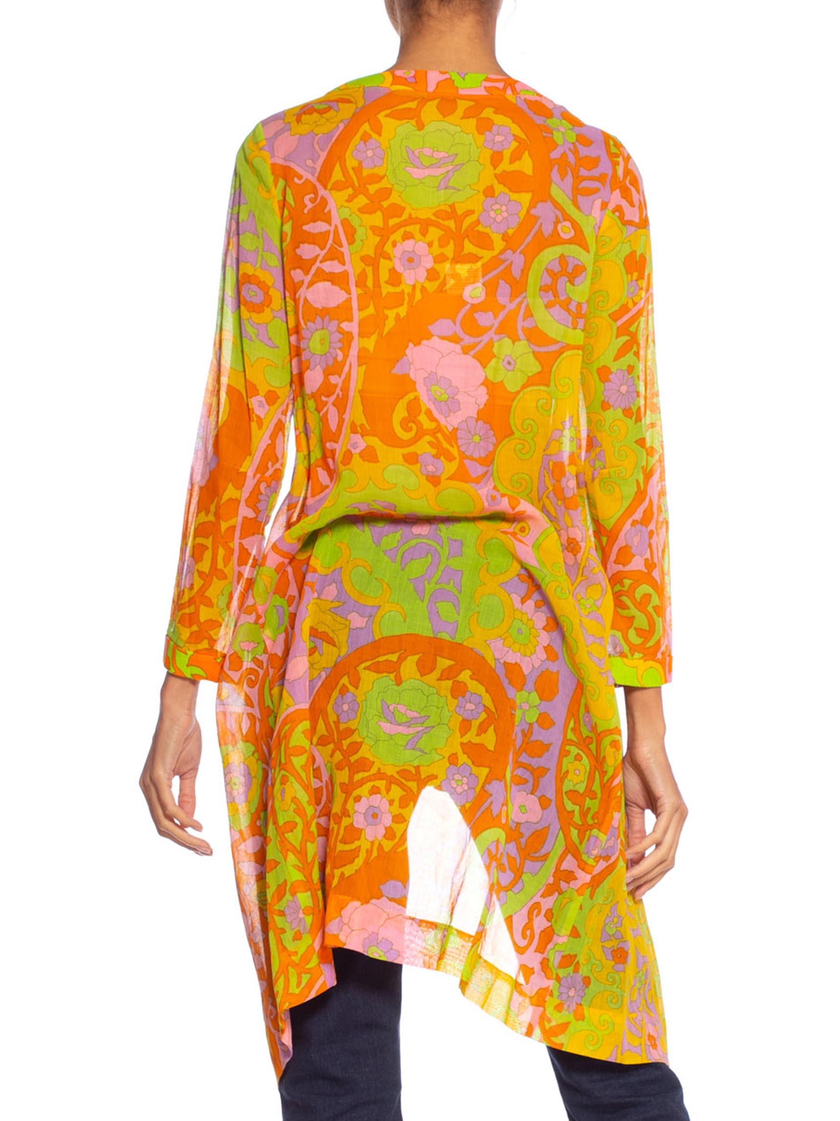 1960S Lime Green & Orange Cotton Voile Mod Psychedelic Floral Tunic Jacket Top 5