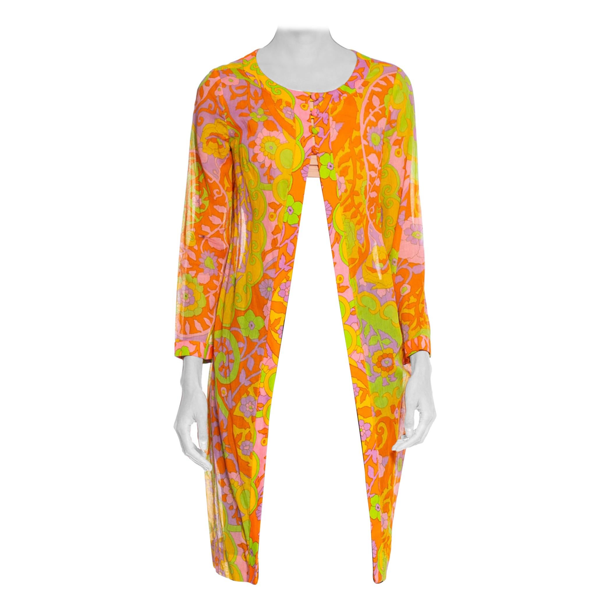 1960S Lime Green & Orange Cotton Voile Mod Psychedelic Floral Tunic Jacket Top