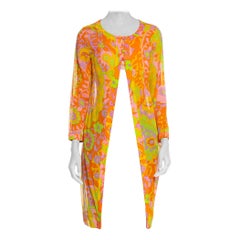 1960S Lime Green & Orange Cotton Voile Mod Psychedelic Floral Tunic Jacket Top