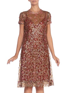 1960'S Brown Nylon Tulle Mod Sheer Nude Cocktail Dress Beaded With Pink Flowers