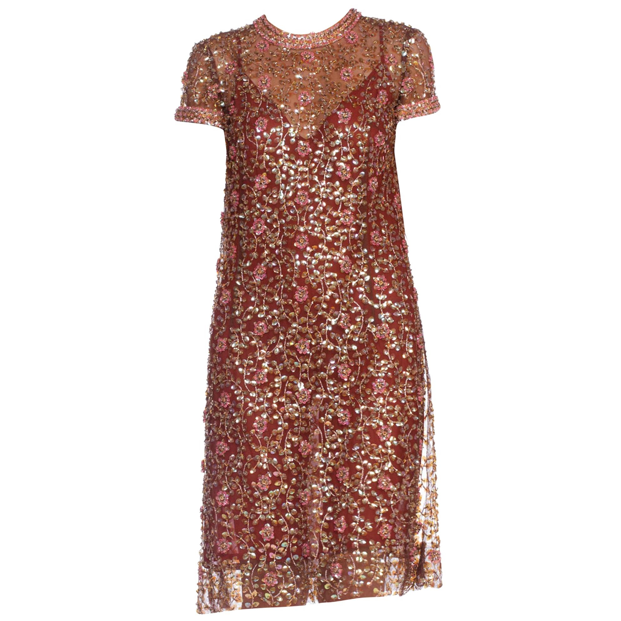 1960'S Brown Nylon Tulle Mod Sheer Nude Cocktail Dress Beaded With Pink Flowers For Sale
