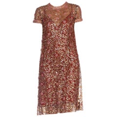 Retro 1960'S Brown Nylon Tulle Mod Sheer Nude Cocktail Dress Beaded With Pink Flowers