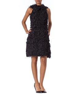 1960S  Black Silk Organza Mod Textured Ruffle Cocktail Dress