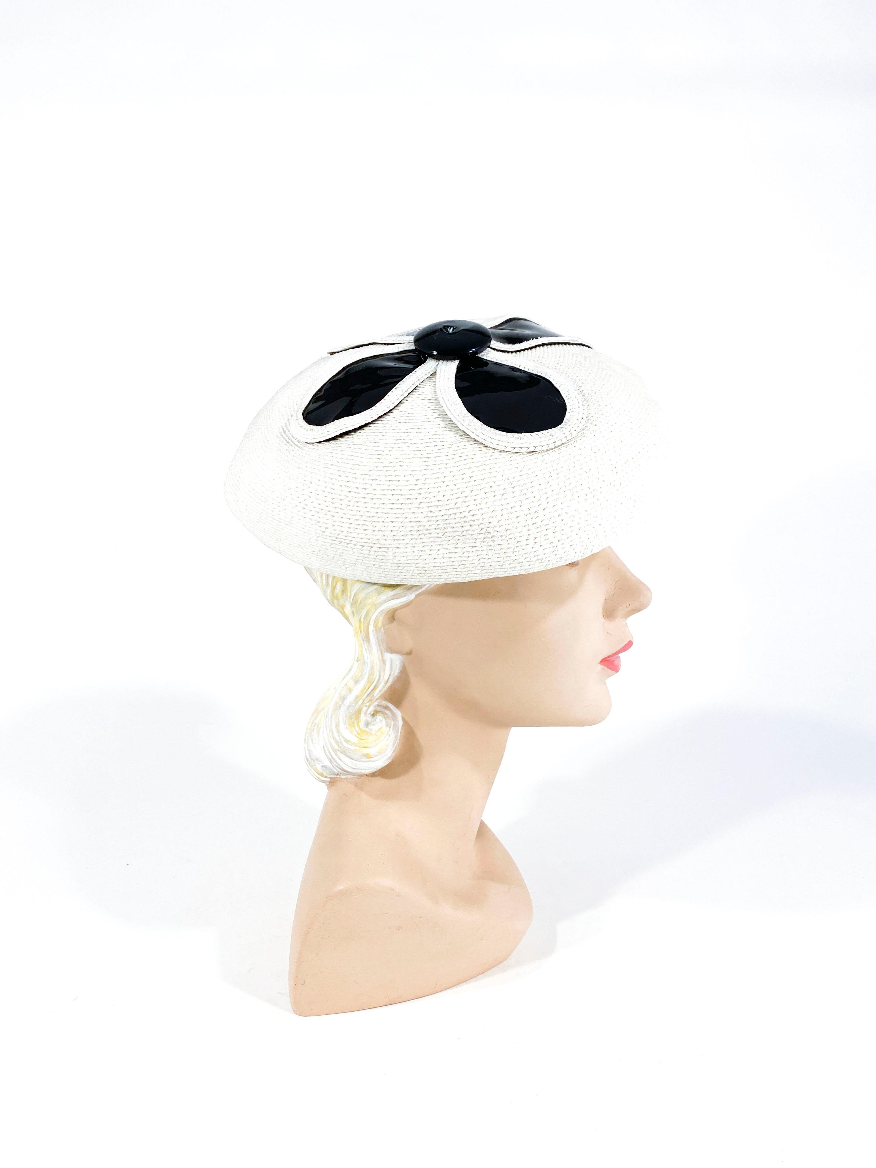 Gray 1960s Mod Straw and Patent Leather Hat