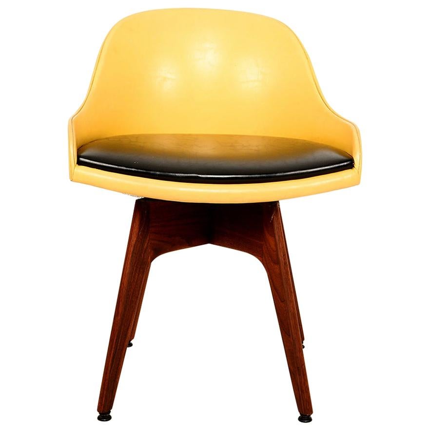 1960s Mod Yellow Swivel Chair Solid Walnut Base Style Dunbar