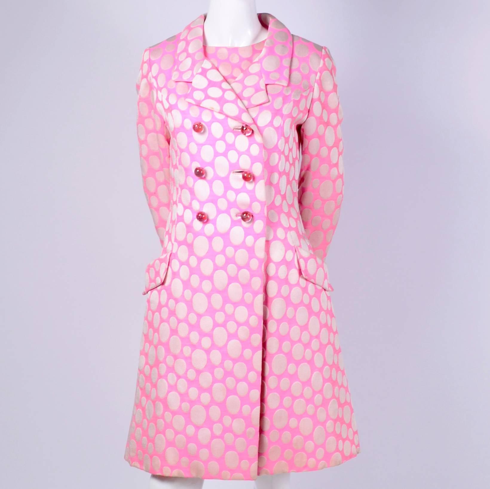 1960s Mod Vintage Pink Polka Dot Sleeveless Dress & Coat Suit Crest Room 6