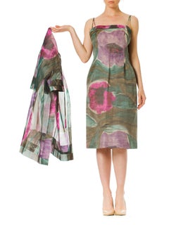 1950S BALENCIAGA Estilo Acuarela Abstracto Ikat Vestido FloralEnsemble Con Matc