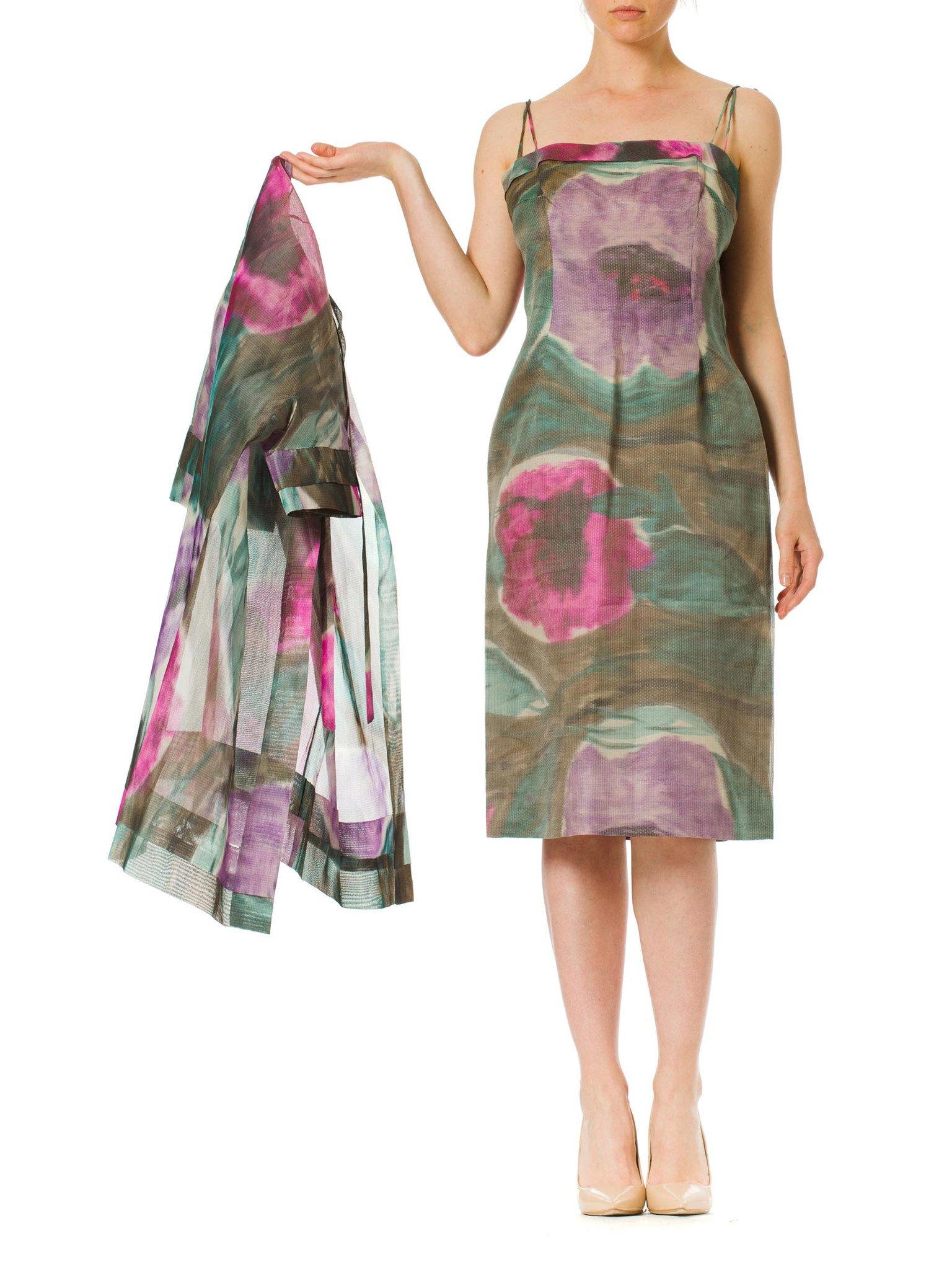 Women's 1950S BALENCIAGA Style Watercolor Abstract Ikat Floral DressEnsemble With Matc