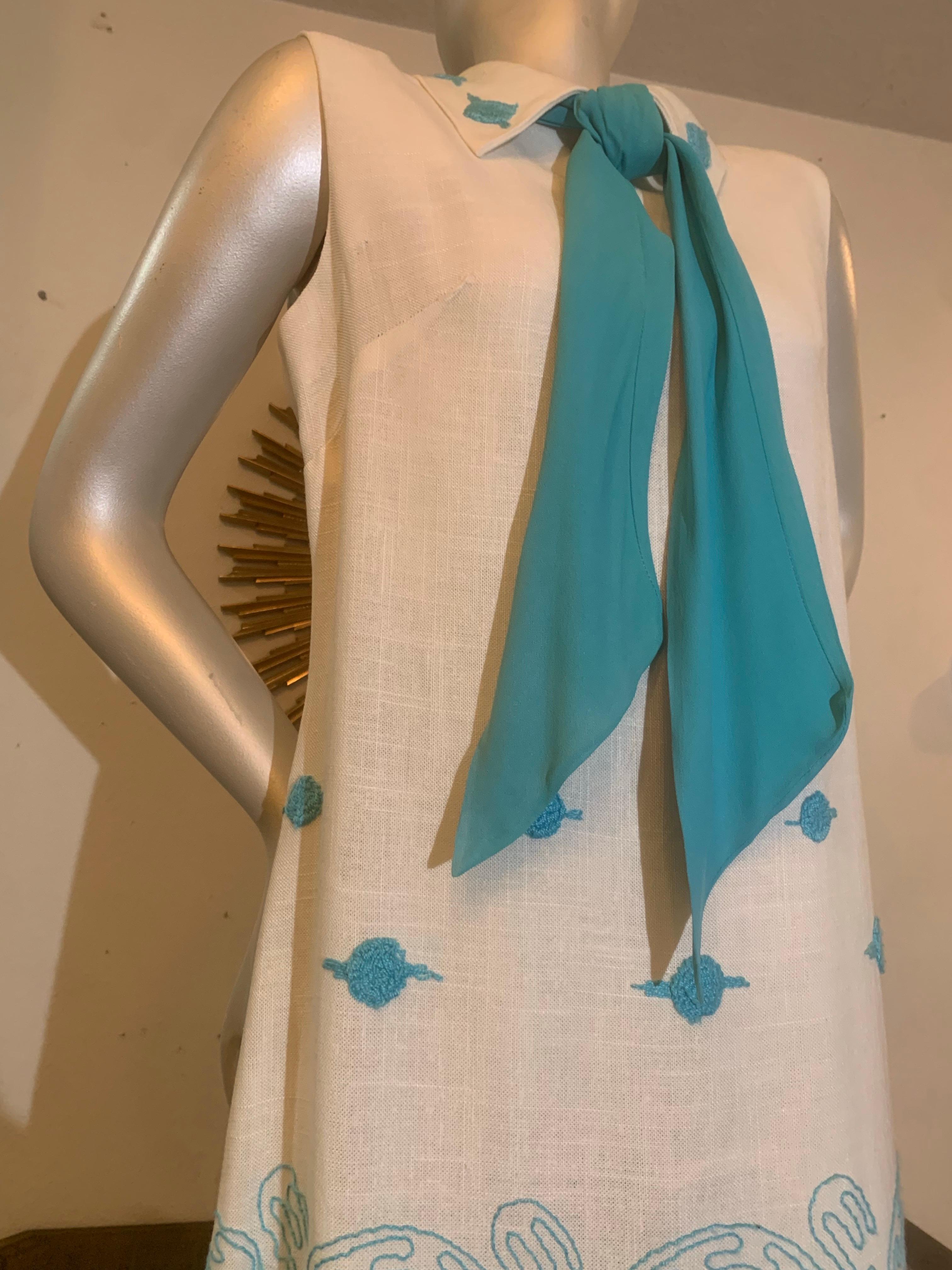 1960s Mod White Linen A-Line Day Dress w Turquoise Scarf & Crewel Embroidery For Sale 1