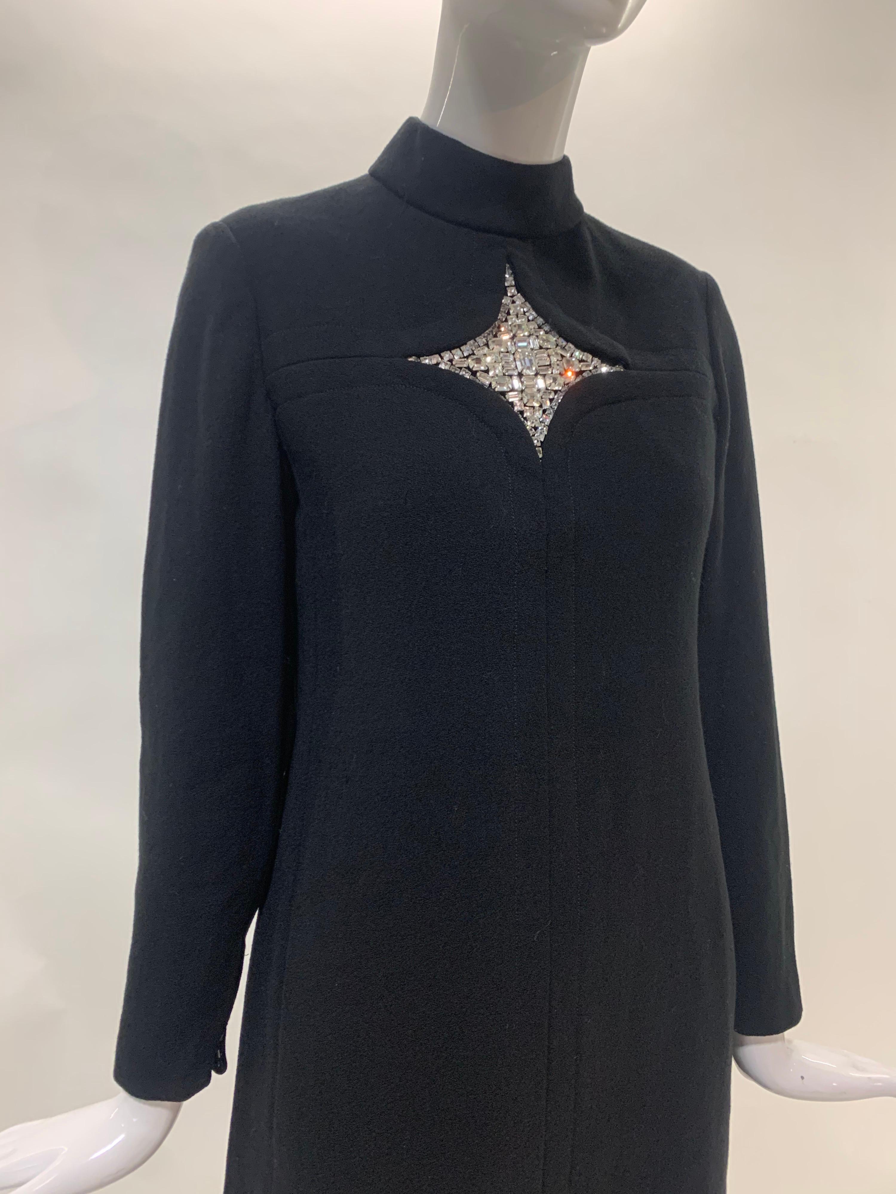Black 1960s Mod Wool Crepe Tailored Cocktail Dress w/ Rhinestone Star Inset at Center For Sale