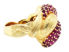 1960's Modern 5.00 Carats Pave Ruby 14 Karat Yellow Gold Twisted Knot Ring