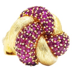 Vintage 1960's Modern 5.00 Carats Pave Ruby 14 Karat Yellow Gold Twisted Knot Ring