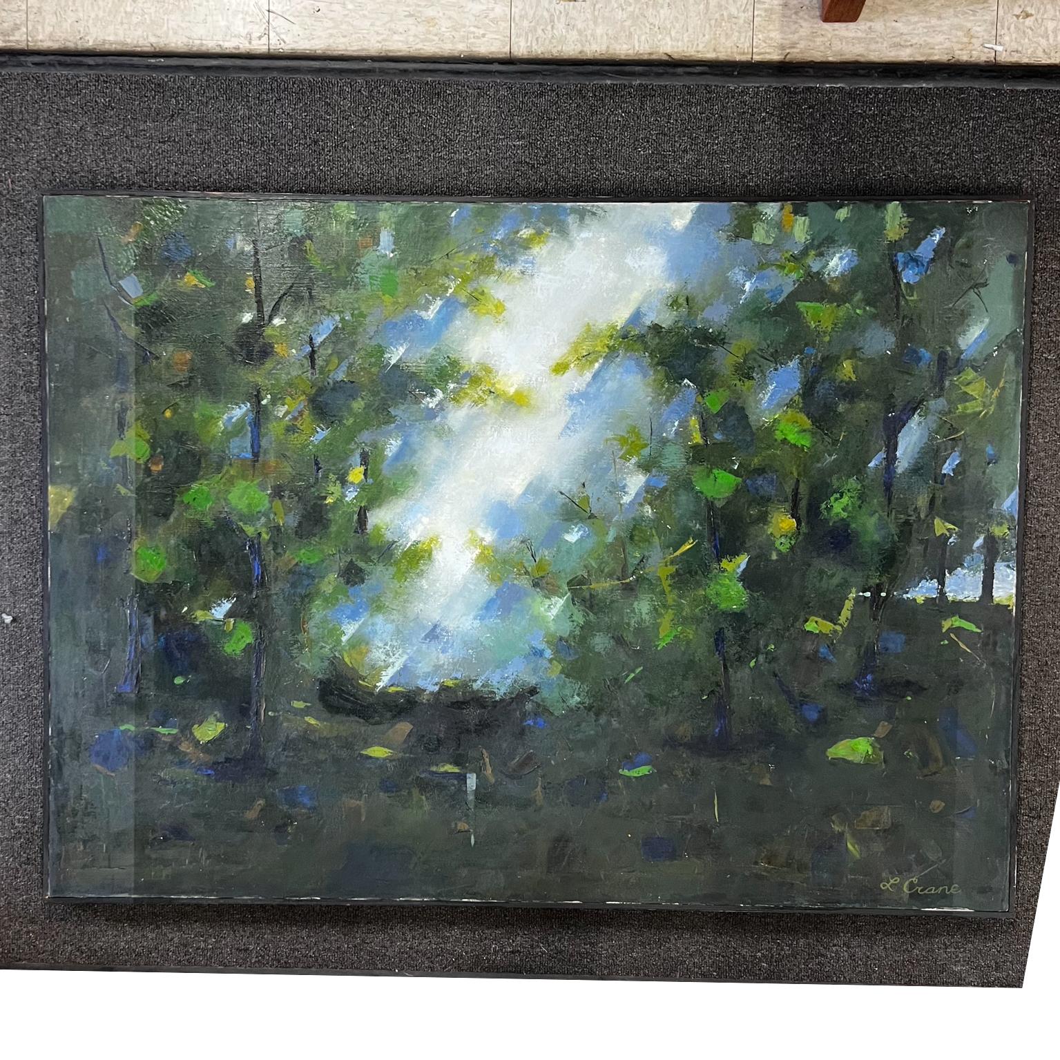 Signed L Crane, Oil on canvas. Landscape Nature Reflections.
Wood frame in black.
Abstract landscape, good control of light and shadows.
36.5 tall x 48.75 w x 1.5 D
Preowned Original vintage condition.
Refer to images.


