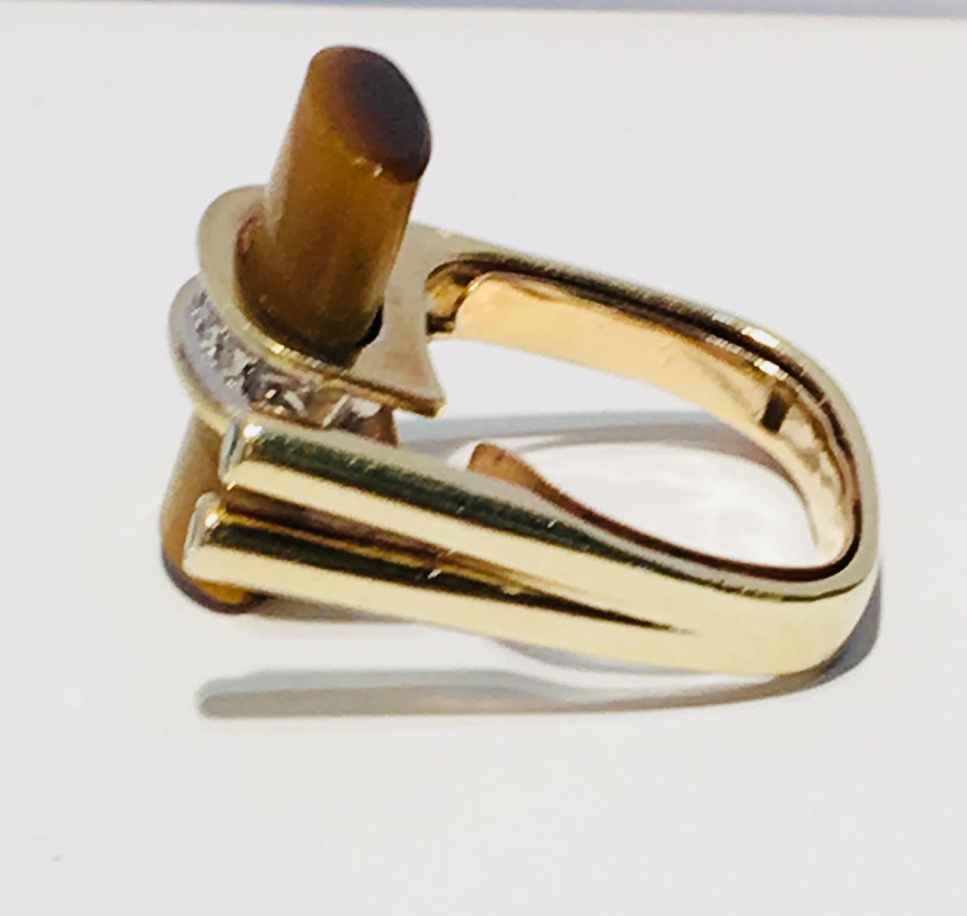 Emerald Cut 1960s Modern Asymmetrical Tiger's Eye & Diamond Yellow Gold Euro Shank Ring  For Sale