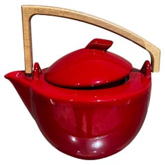 1960s Modern Bauhaus Red Tea Pot Ceramic Sculptural Wood Handle