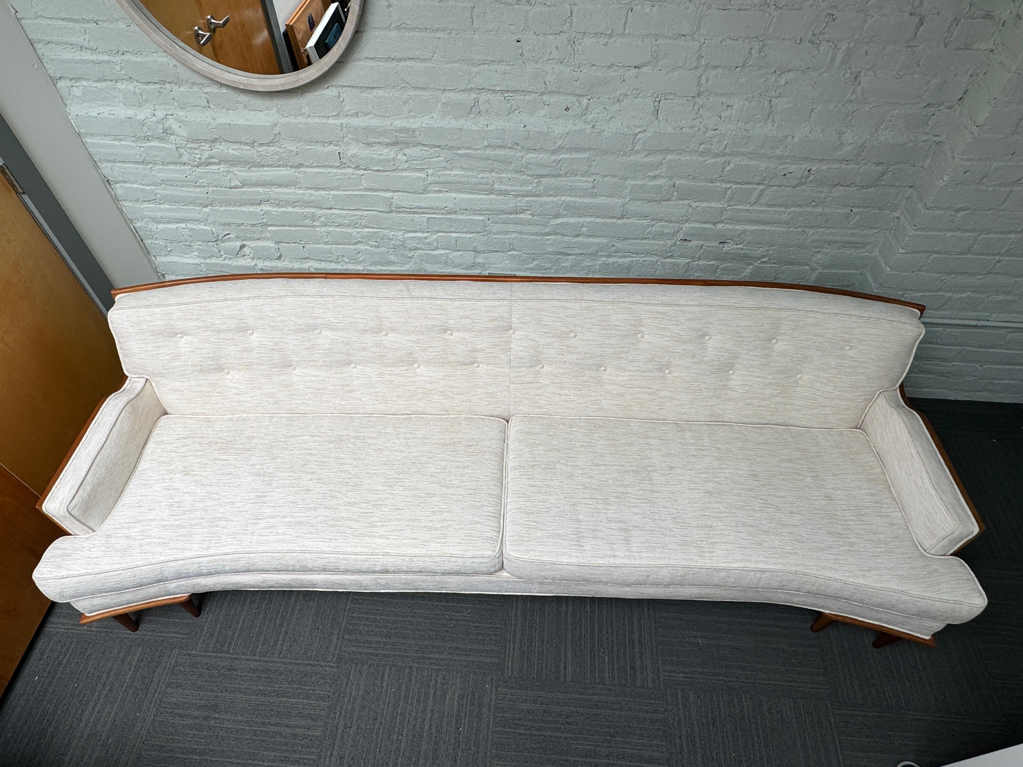 1960s Modern Curved Back Walnut Frame Sofa in NEW Stout Fabric For Sale 1