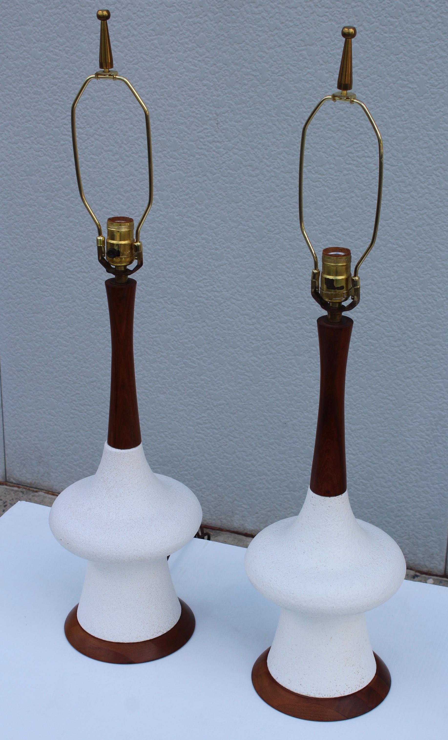Mid-20th Century 1960s Modern Danish Style Pottery and Walnut Table Lamps