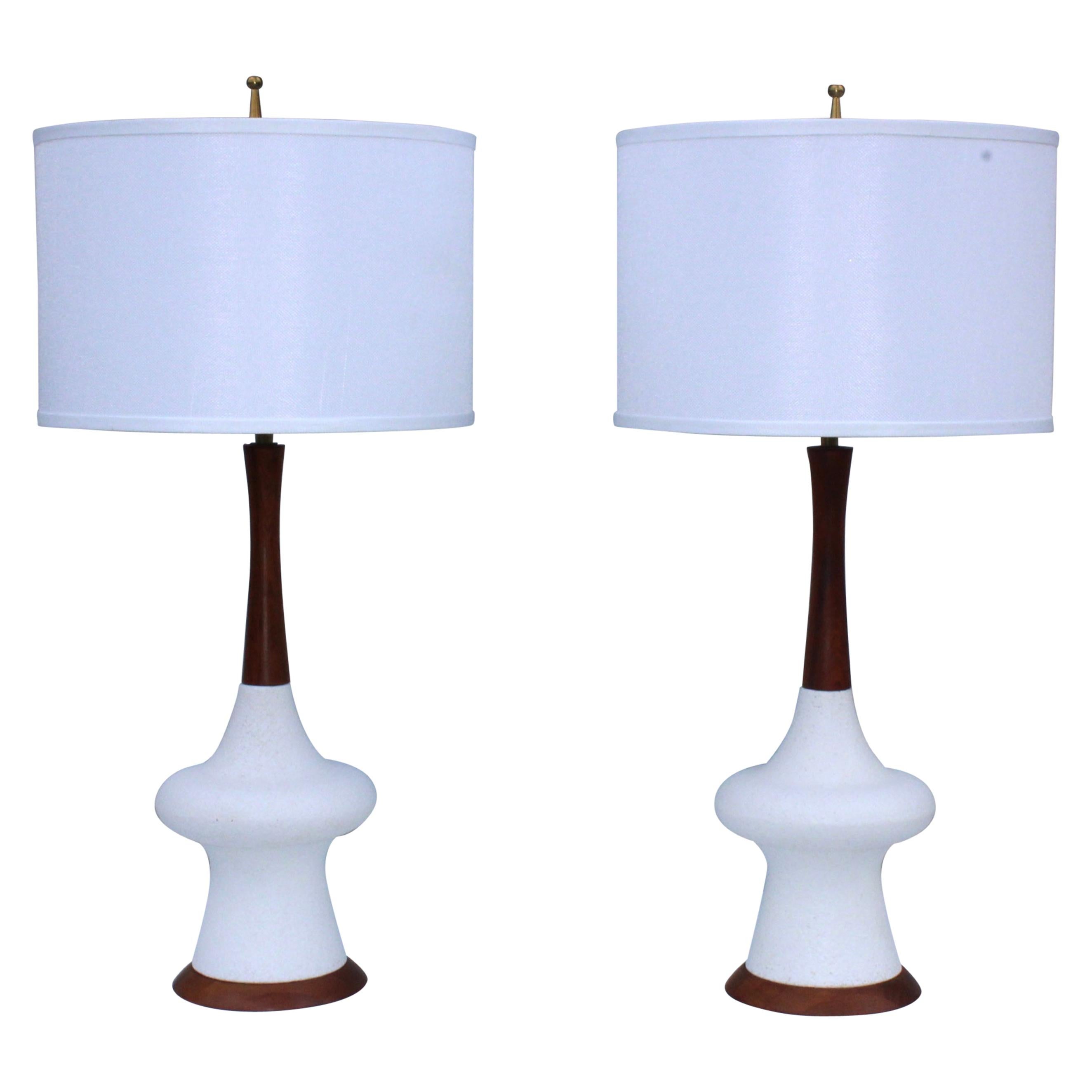1960s Modern Danish Style Pottery and Walnut Table Lamps