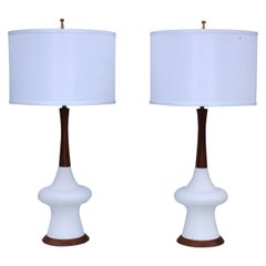 1960s Modern Danish Style Pottery and Walnut Table Lamps