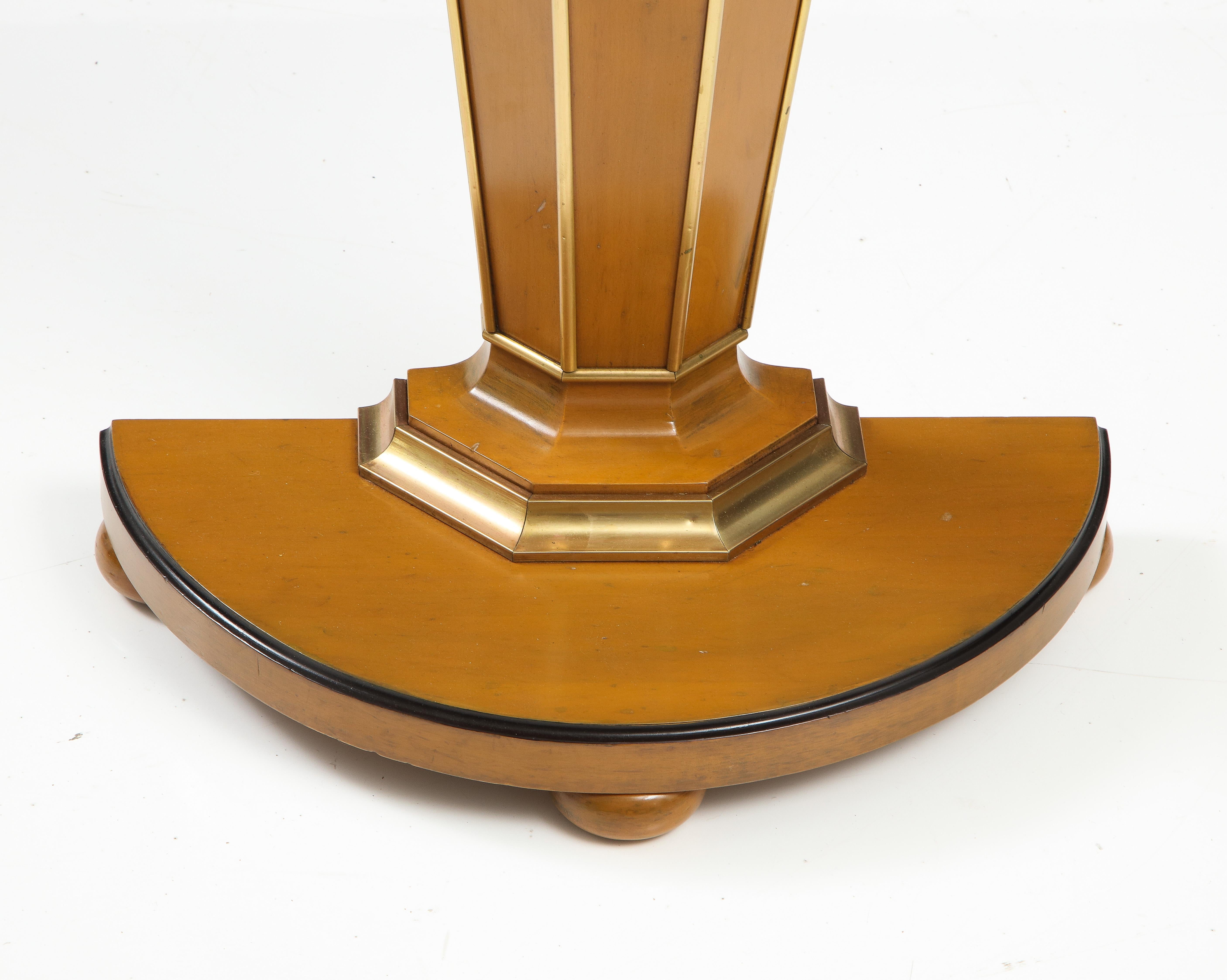 Stunning 1960's mid-century modern fruitwood and brass base with carrara marble top demi-lune console attributed to Grosfeld House, in vintage condition lightly restored, with minor wear and patina to the marble. 