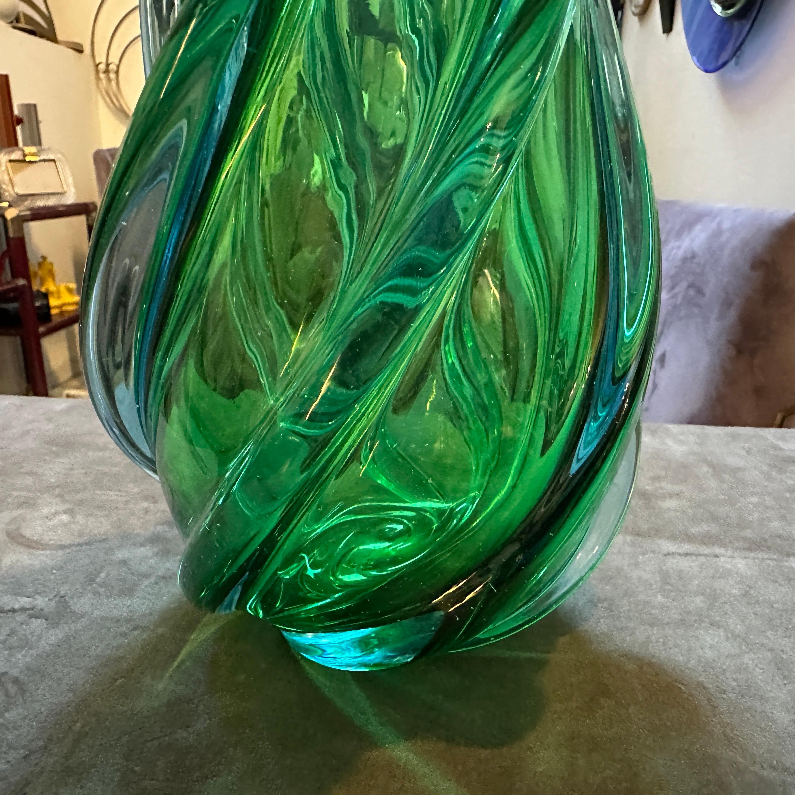 Hand-Crafted 1960s Modern Green Uranium and Blue Murano Glass Vase by Seguso For Sale