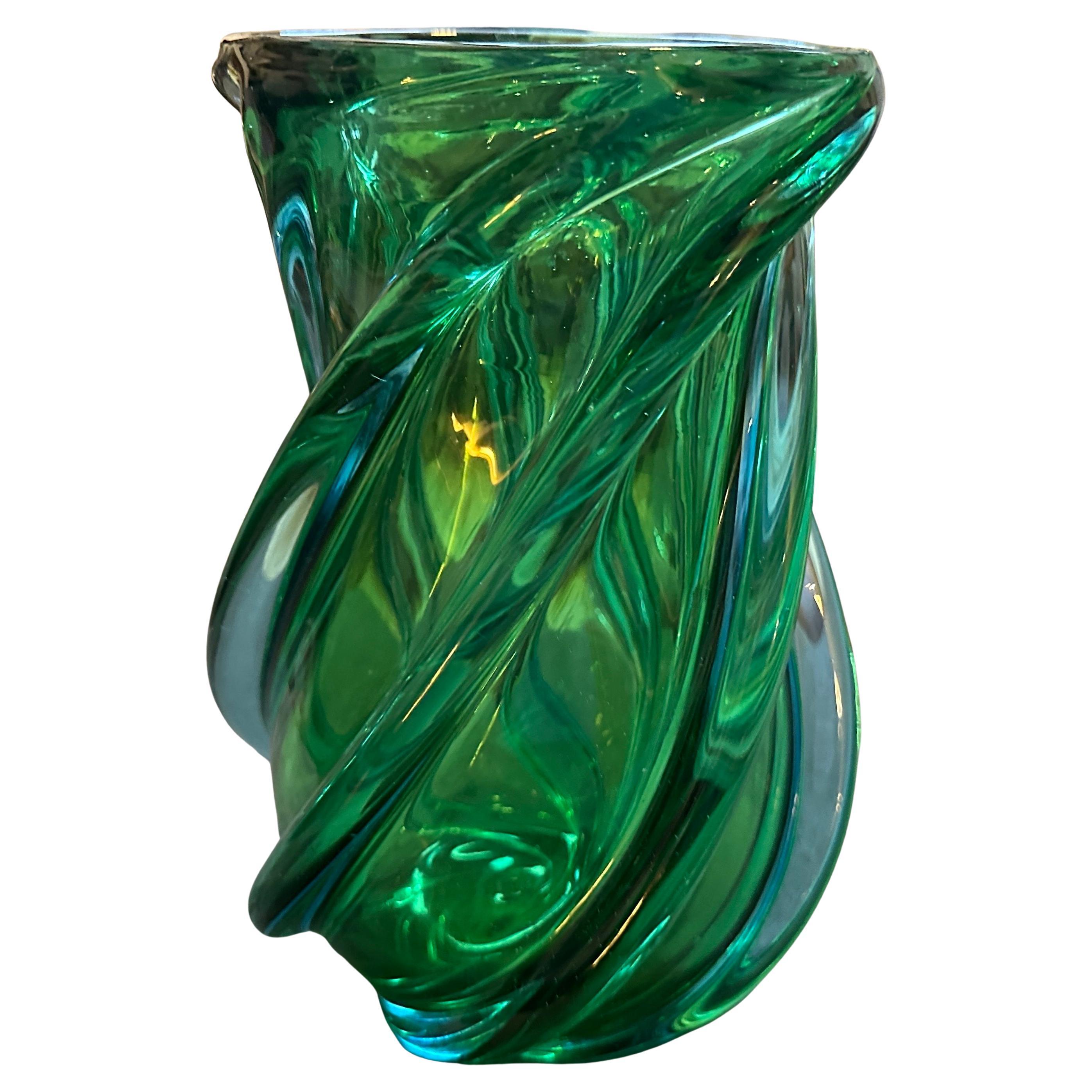 1960s Modern Green Uranium and Blue Murano Glass Vase by Seguso For Sale