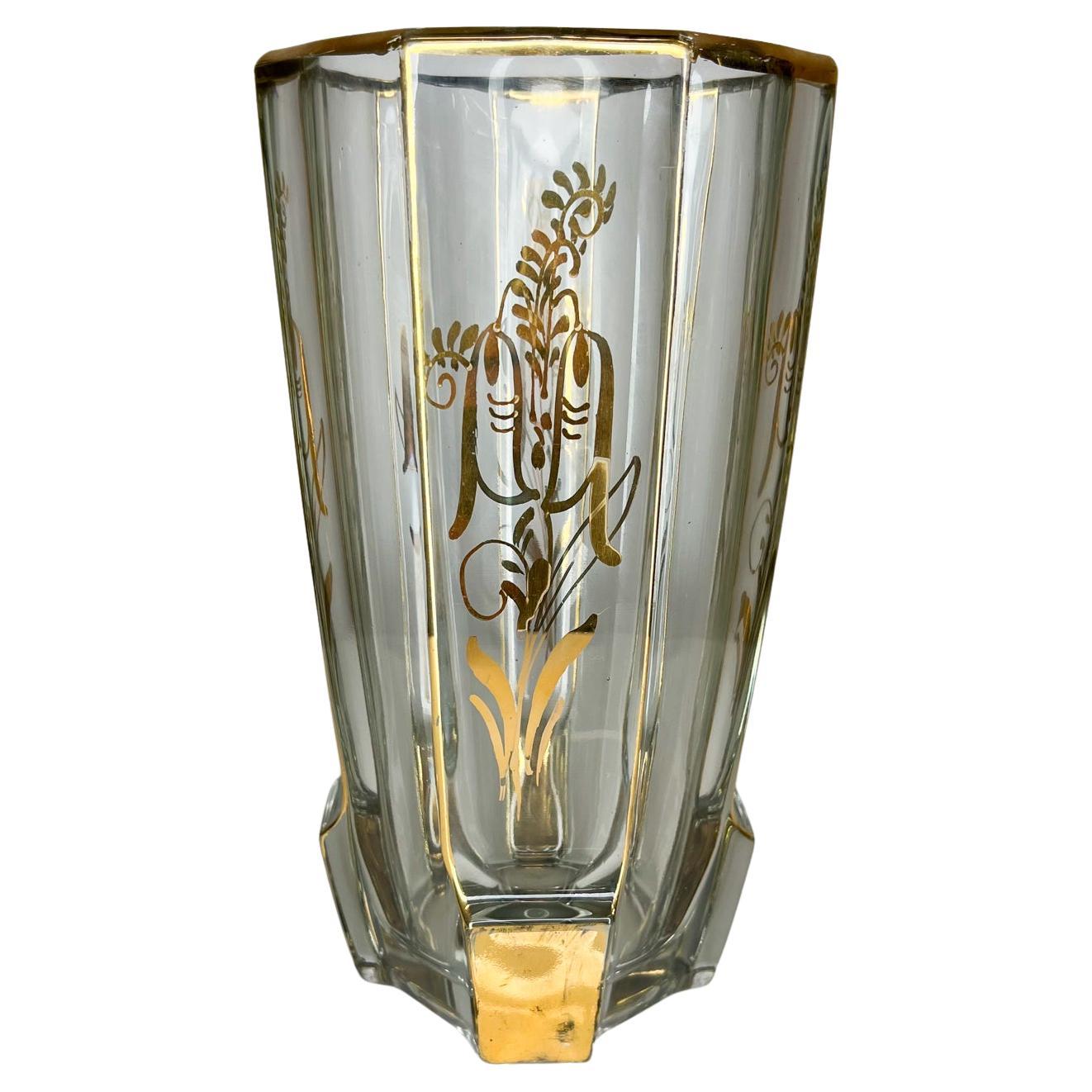 1960s Modern Hollywood Regency Stunning Glass Vase with Gold Painted Motif