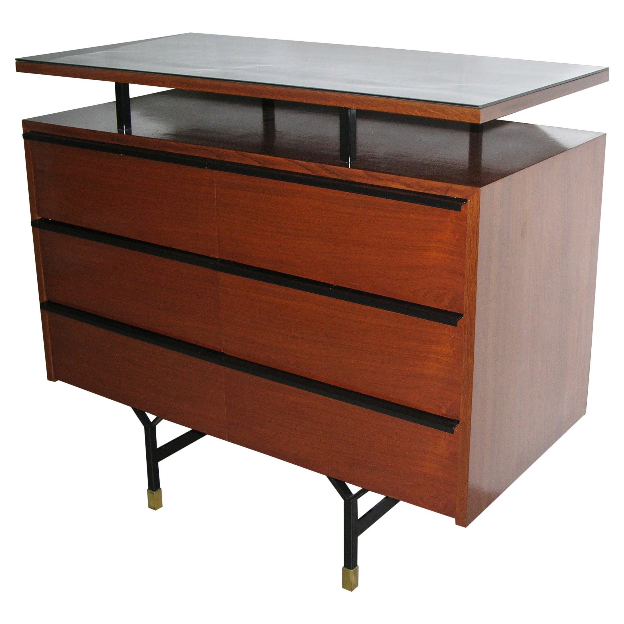 1960s Modern Italian Wood Chest with Shelf on Brass & Black Lacquered Metal Legs For Sale