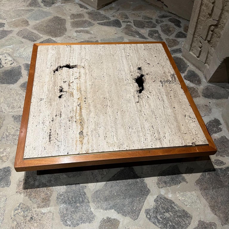 1960s Modern Low Profile Coffee Table Travertine Mahogany Wood and