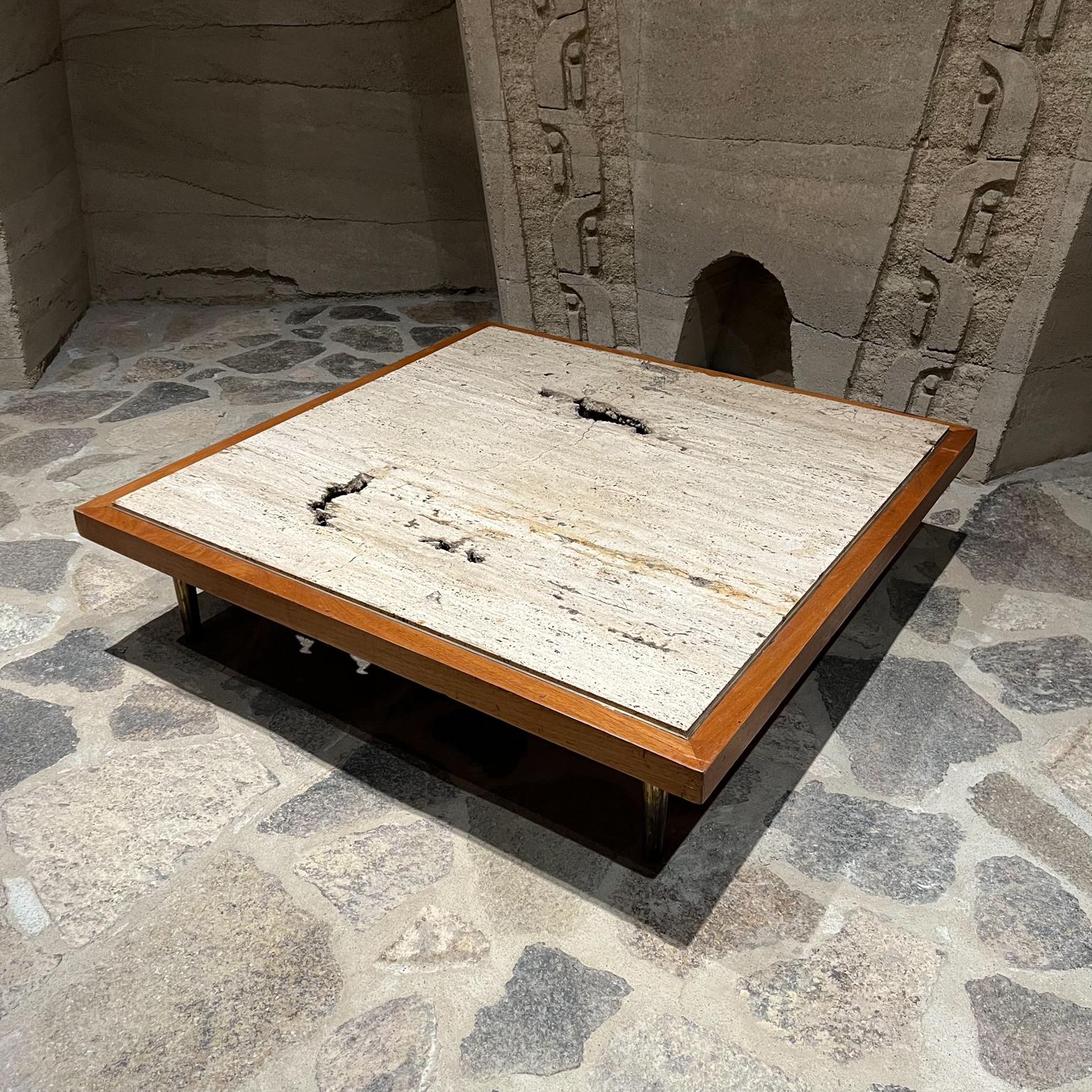 1960s Low Profile Square Coffee Table Travertine and Mahogany  For Sale 8