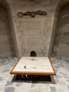 1960s Low Profile Square Coffee Table Travertine and Mahogany