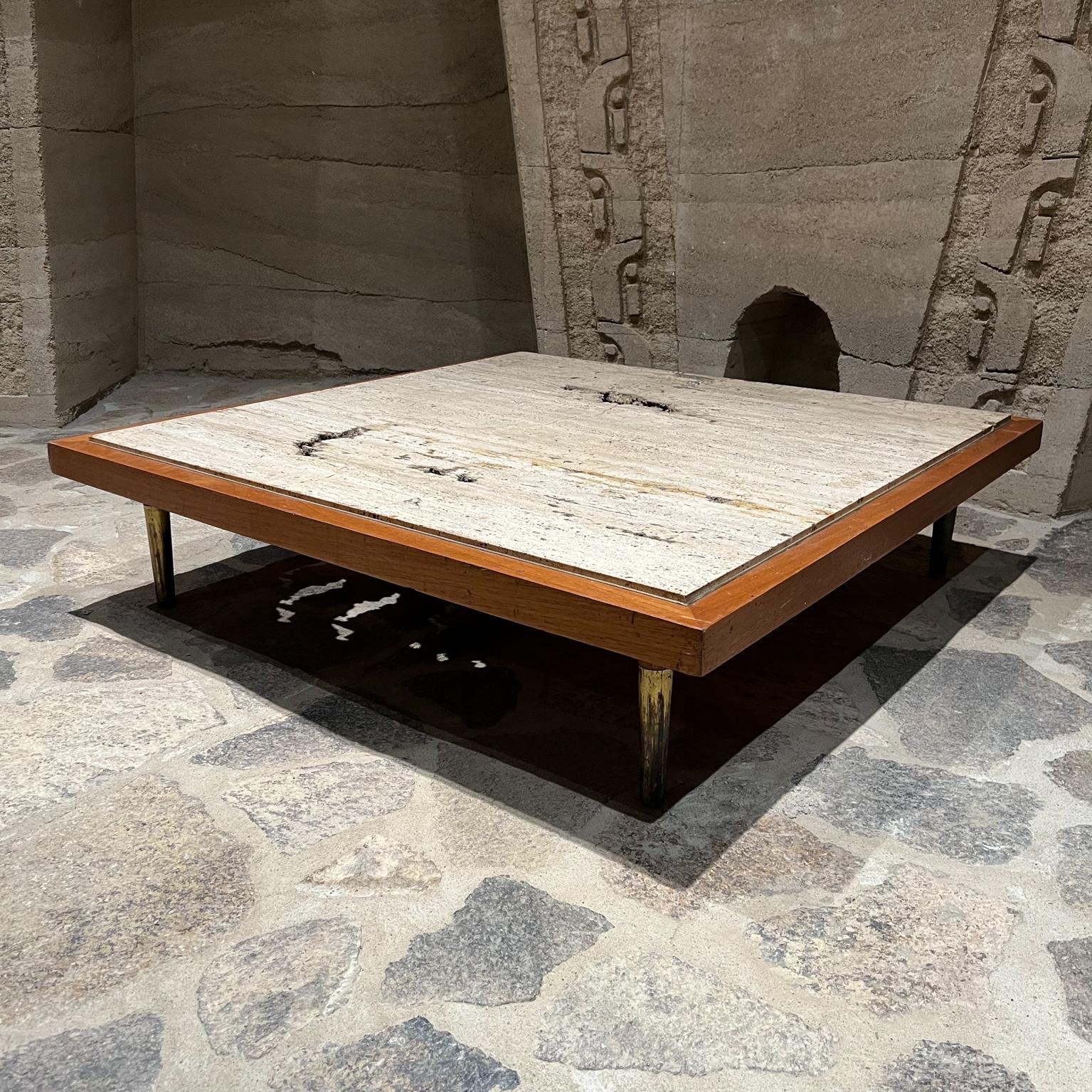 1960s Modern Low Profile Coffee Table Travertine Mahogany Wood & Brass Legs In Good Condition For Sale In Chula Vista, CA