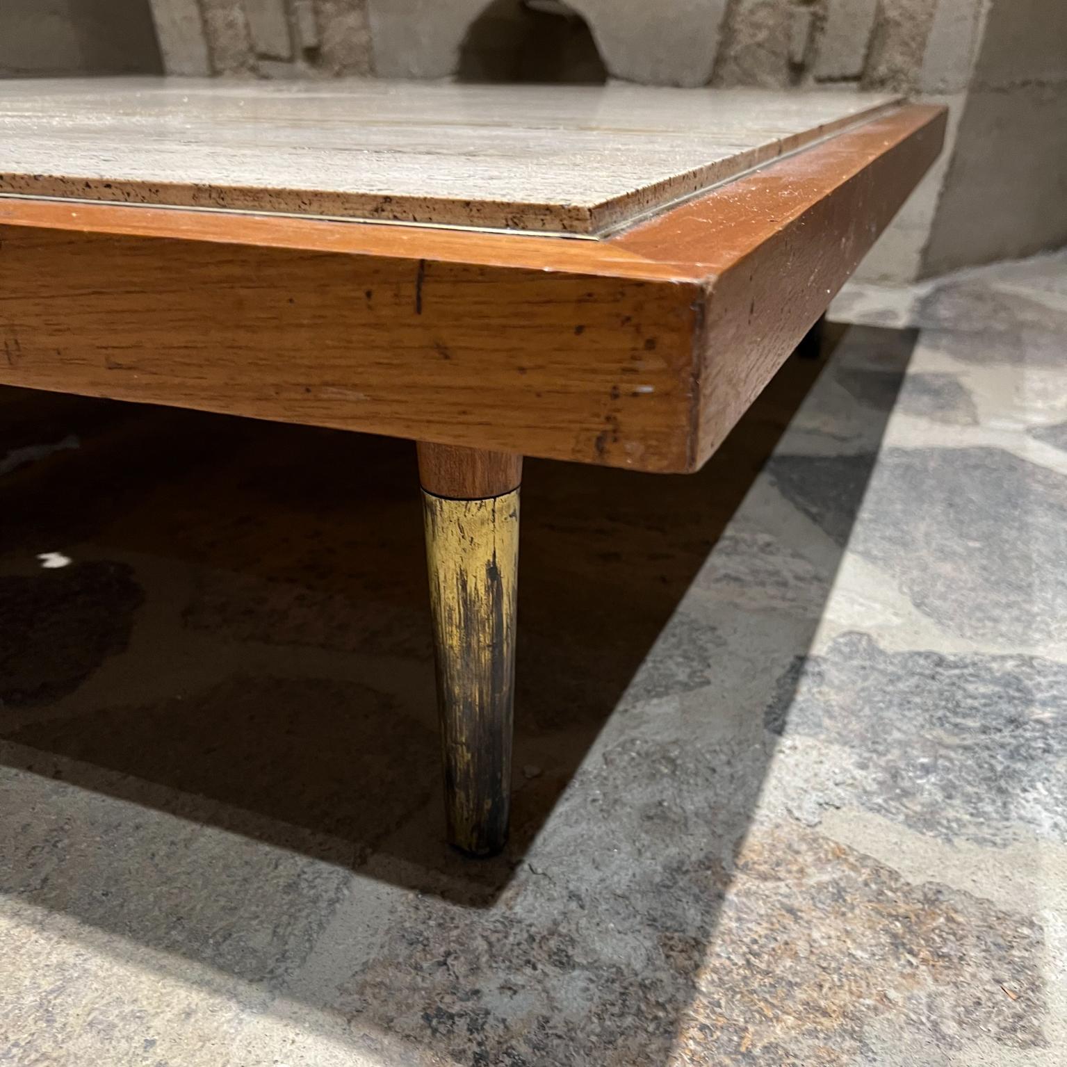 Mid-20th Century 1960s Low Profile Square Coffee Table Travertine and Mahogany  For Sale