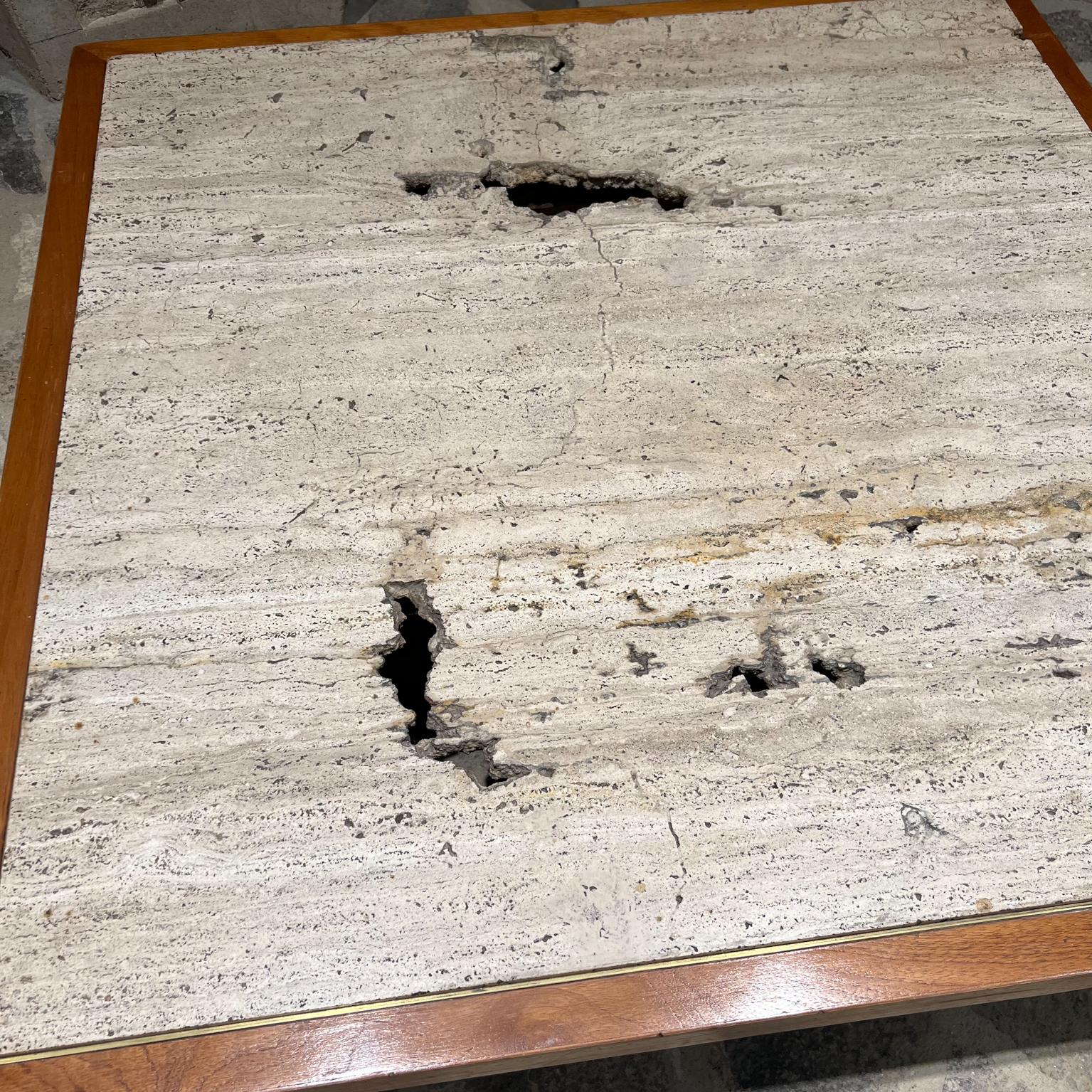 1960s Low Profile Square Coffee Table Travertine and Mahogany  For Sale 1