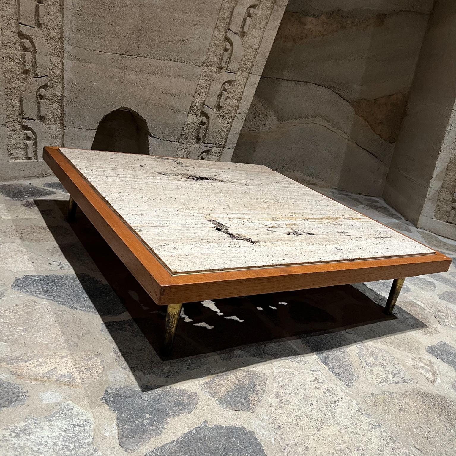 1960s Low Profile Square Coffee Table Travertine and Mahogany  For Sale 2