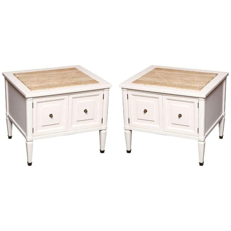 1960s Modern Neoclassical Nightstands with Travertine Tops