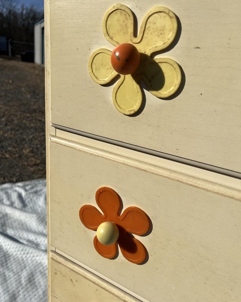 Wood 1960s Modern Vintage Groovy Flower Power Tall Dresser Chest of Drawers Highboy