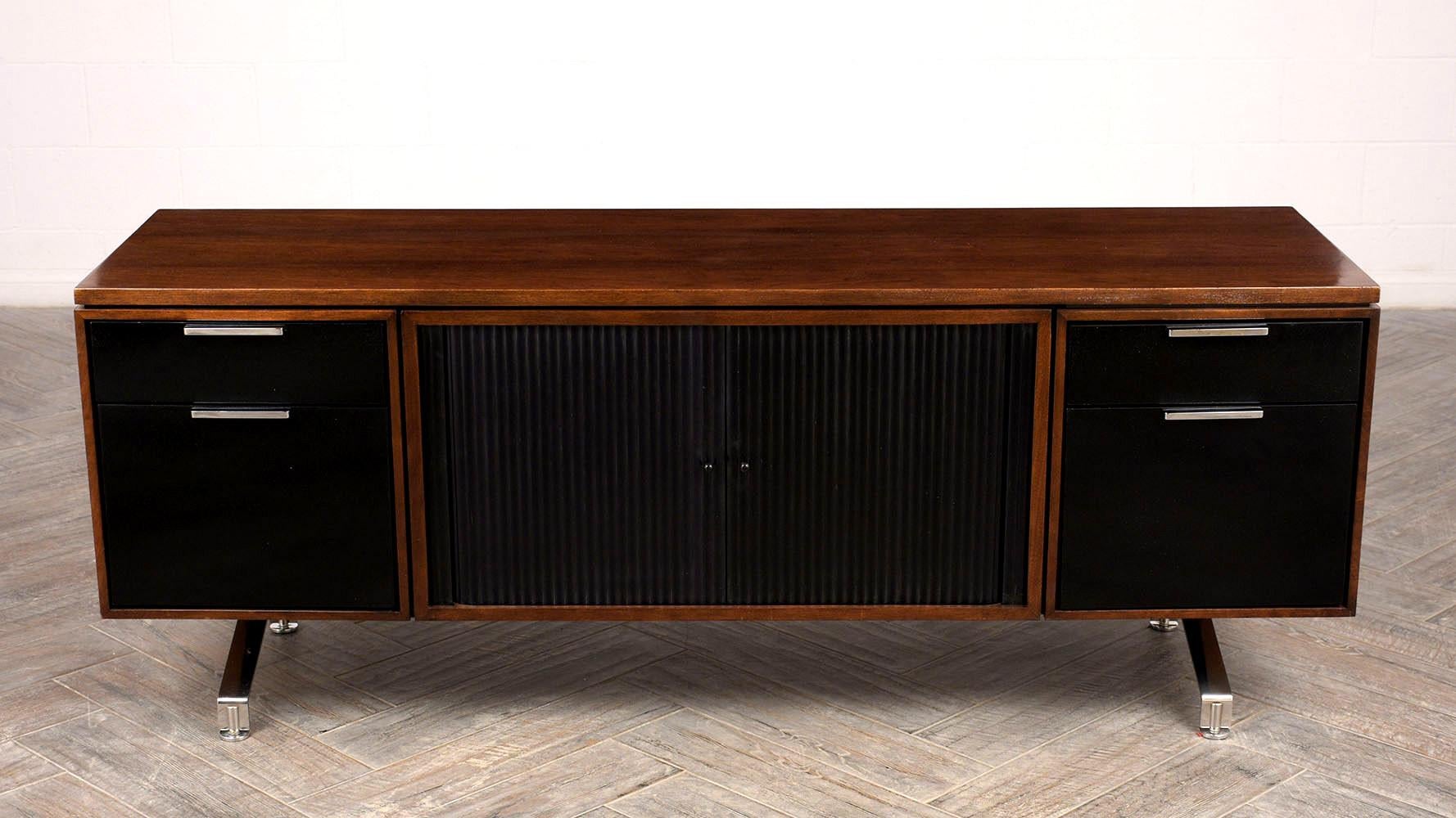 Lacquered 1960s Modern Walnut Credenza with Sliding Tambour Doors