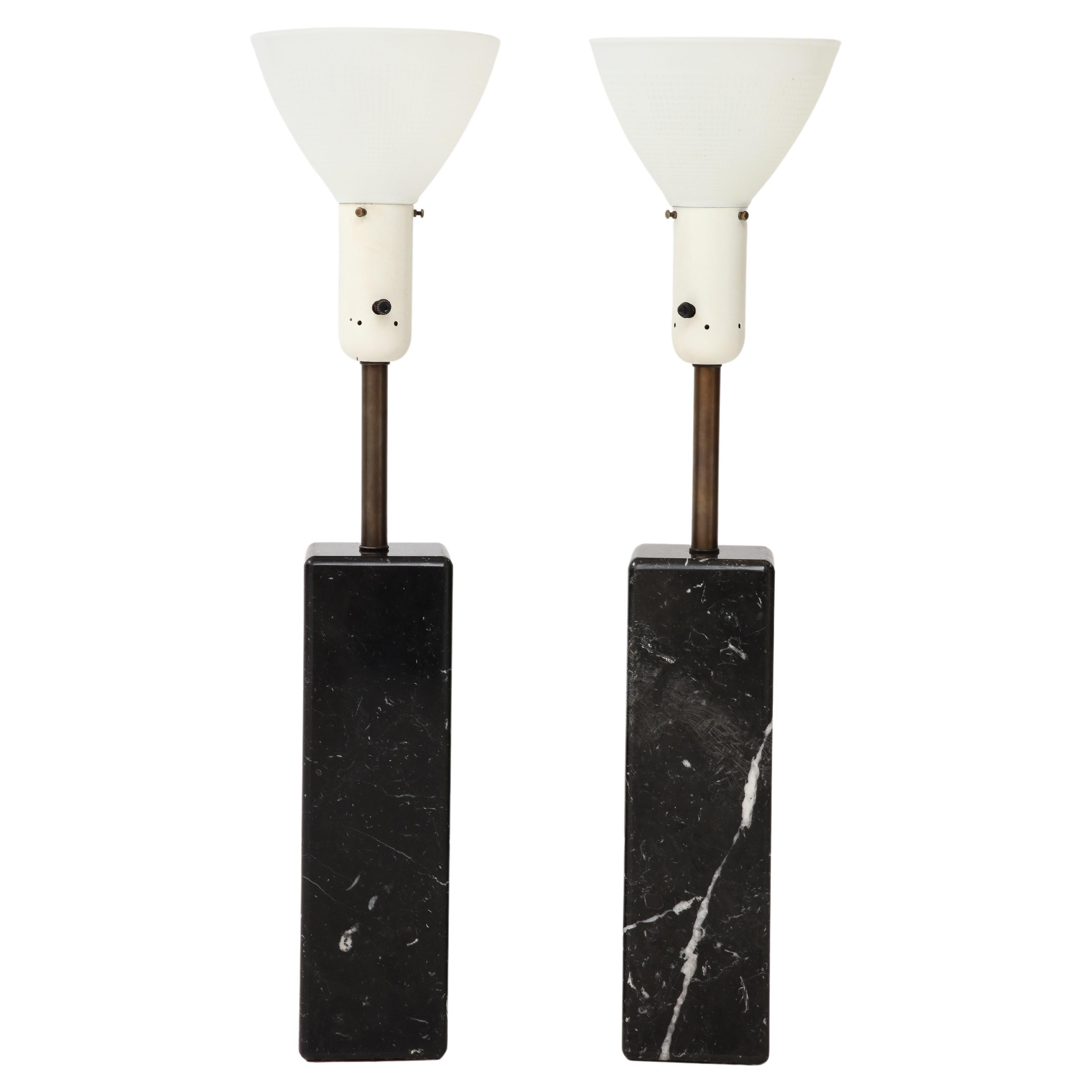 1960's Modern Walter Von Nessen Carrara Marble Table Lamps