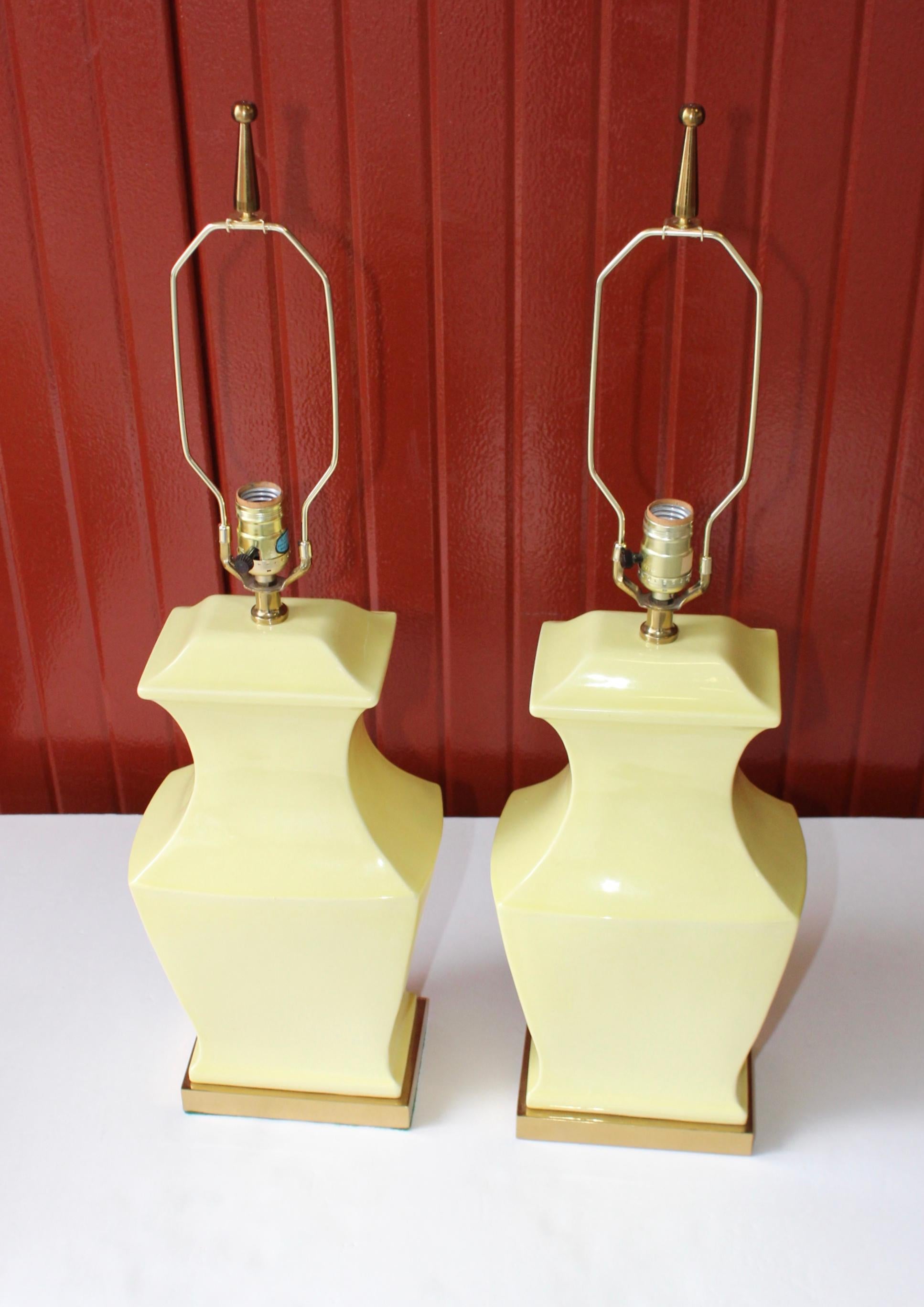 20th Century 1960s Modern Yellow Pottery and Brass Table Lamps For Sale