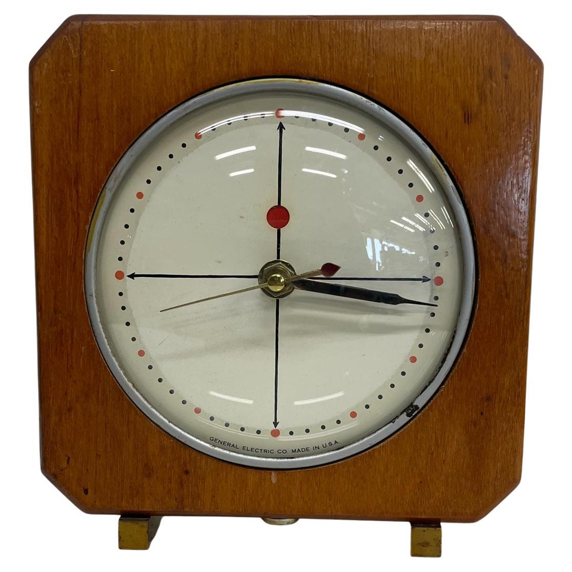 1960s Modernism GE Desk Clock Angled Wood Frame Glass Cover New Movement