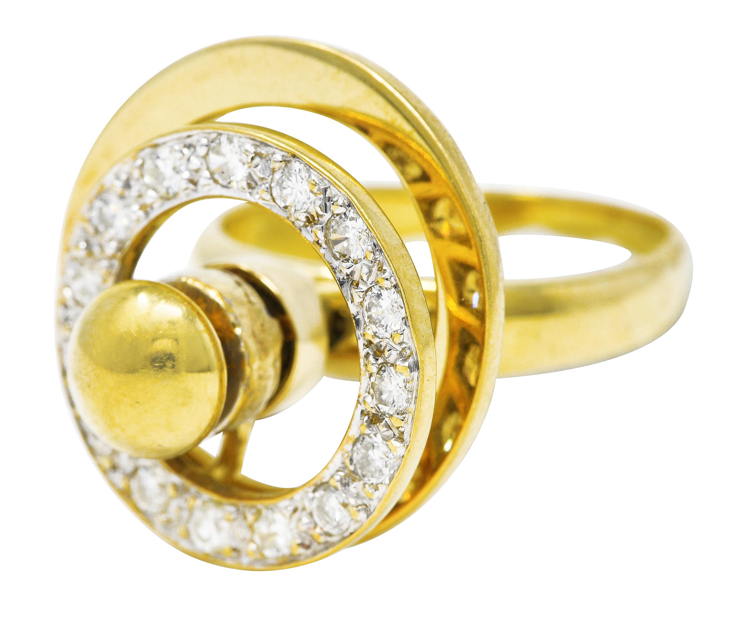 1960's Modernist 0.45 Carat Diamond 14 Karat Yellow Gold Fidget Spinner Ring In Excellent Condition In Philadelphia, PA