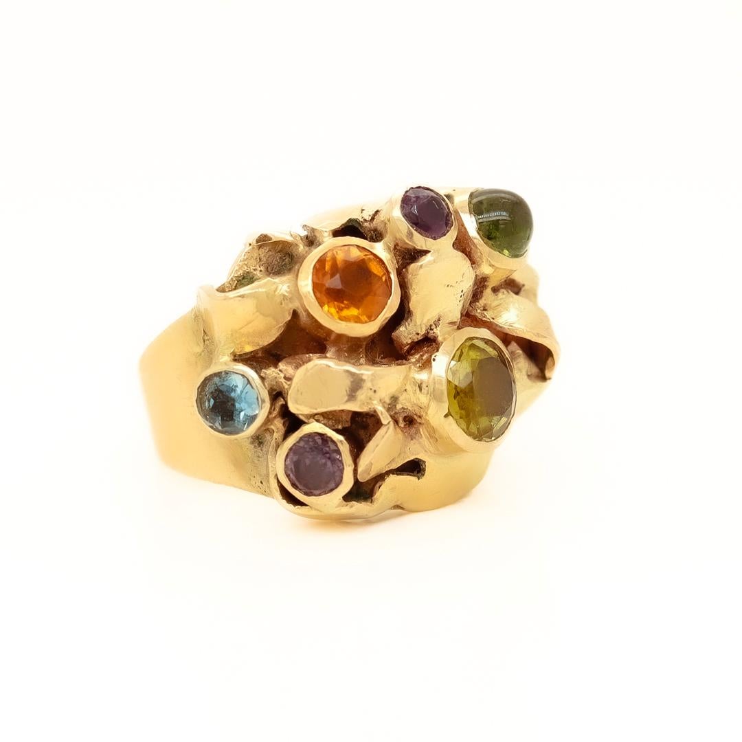 1960's Modernist 14k Gold & Multi-Gemstone Cocktail Ring by Resia Schor For Sale 6