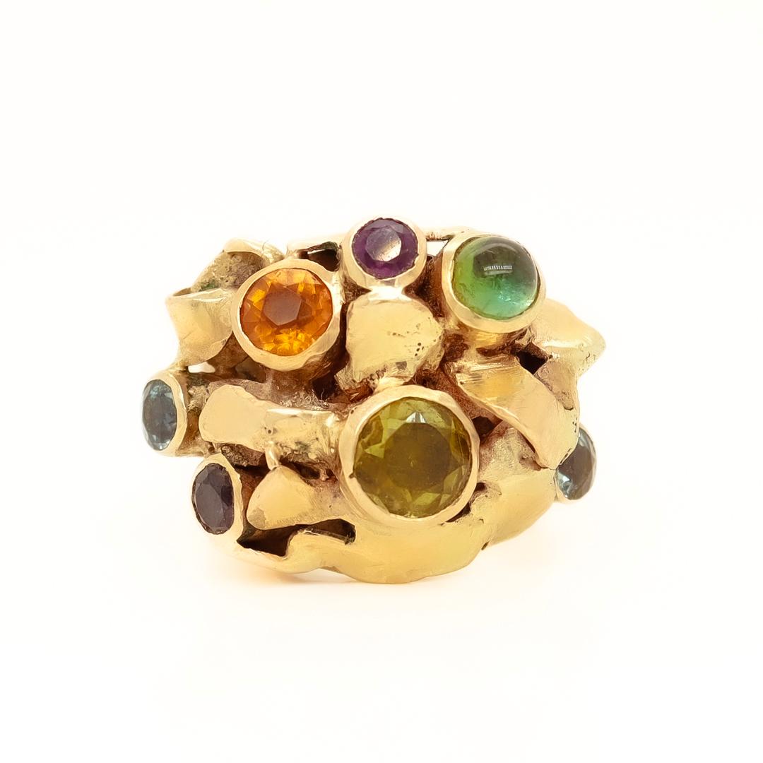 1960's Modernist 14k Gold & Multi-Gemstone Cocktail Ring by Resia Schor For Sale 7