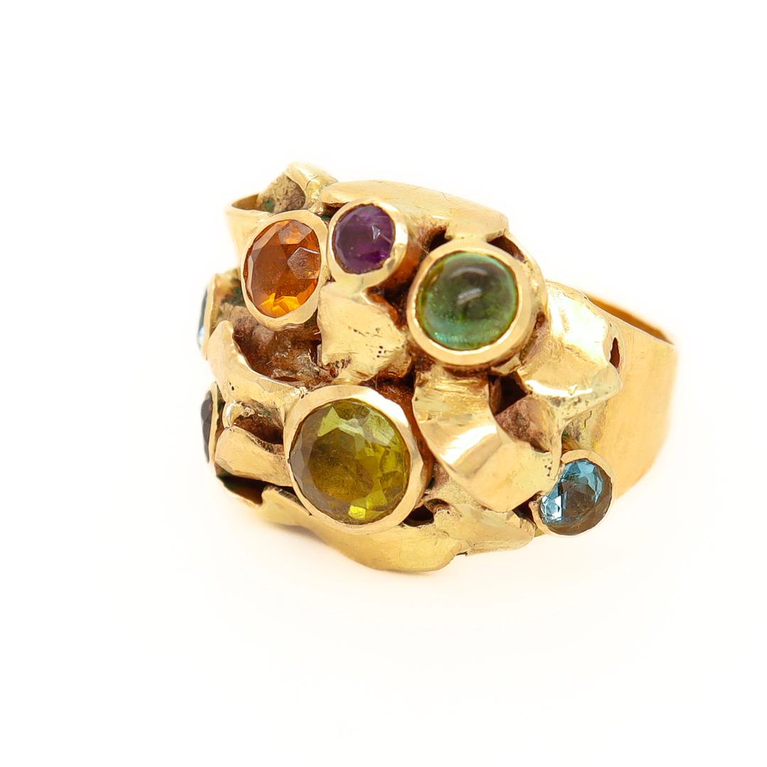 Round Cut 1960's Modernist 14k Gold & Multi-Gemstone Cocktail Ring by Resia Schor For Sale