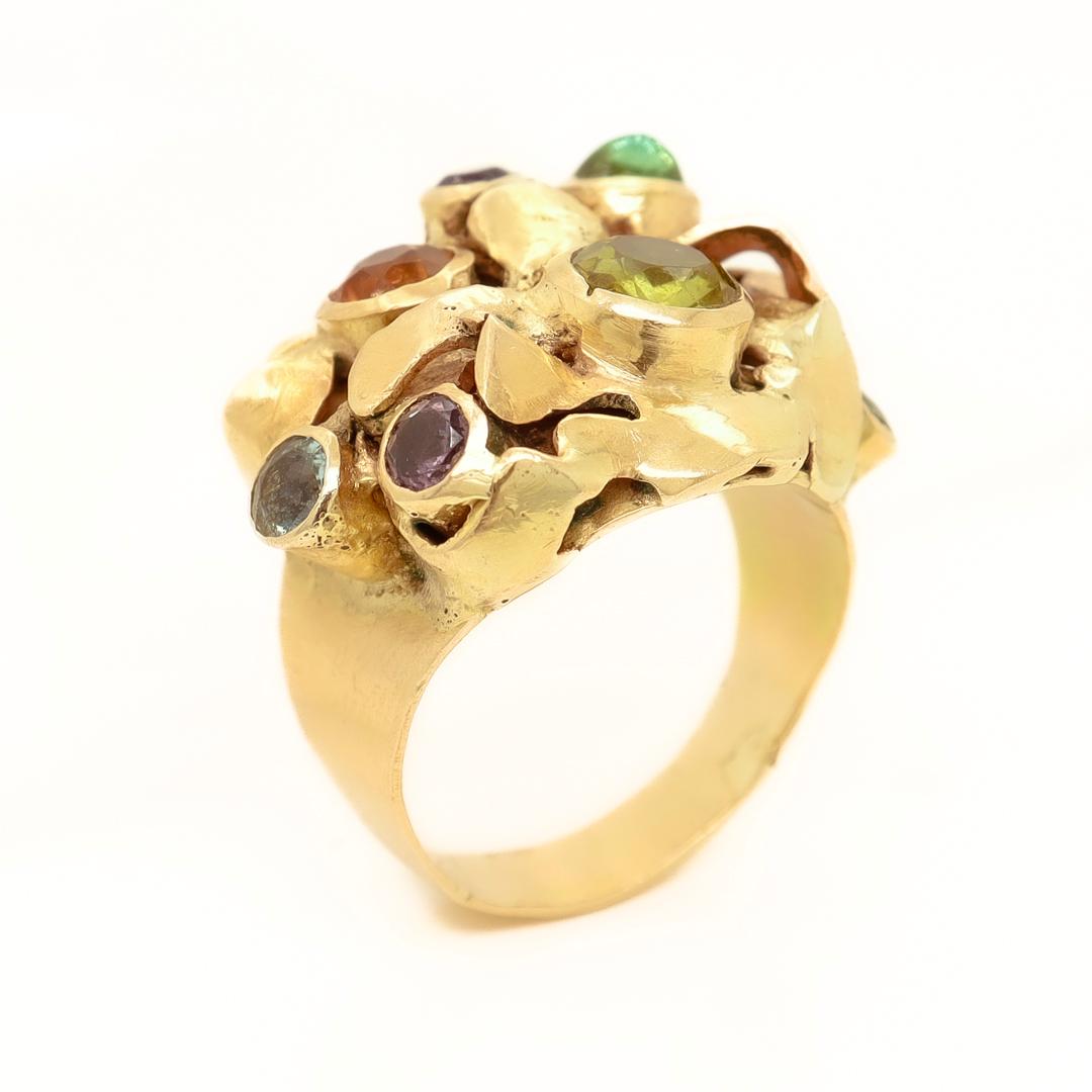 1960's Modernist 14k Gold & Multi-Gemstone Cocktail Ring by Resia Schor For Sale 1